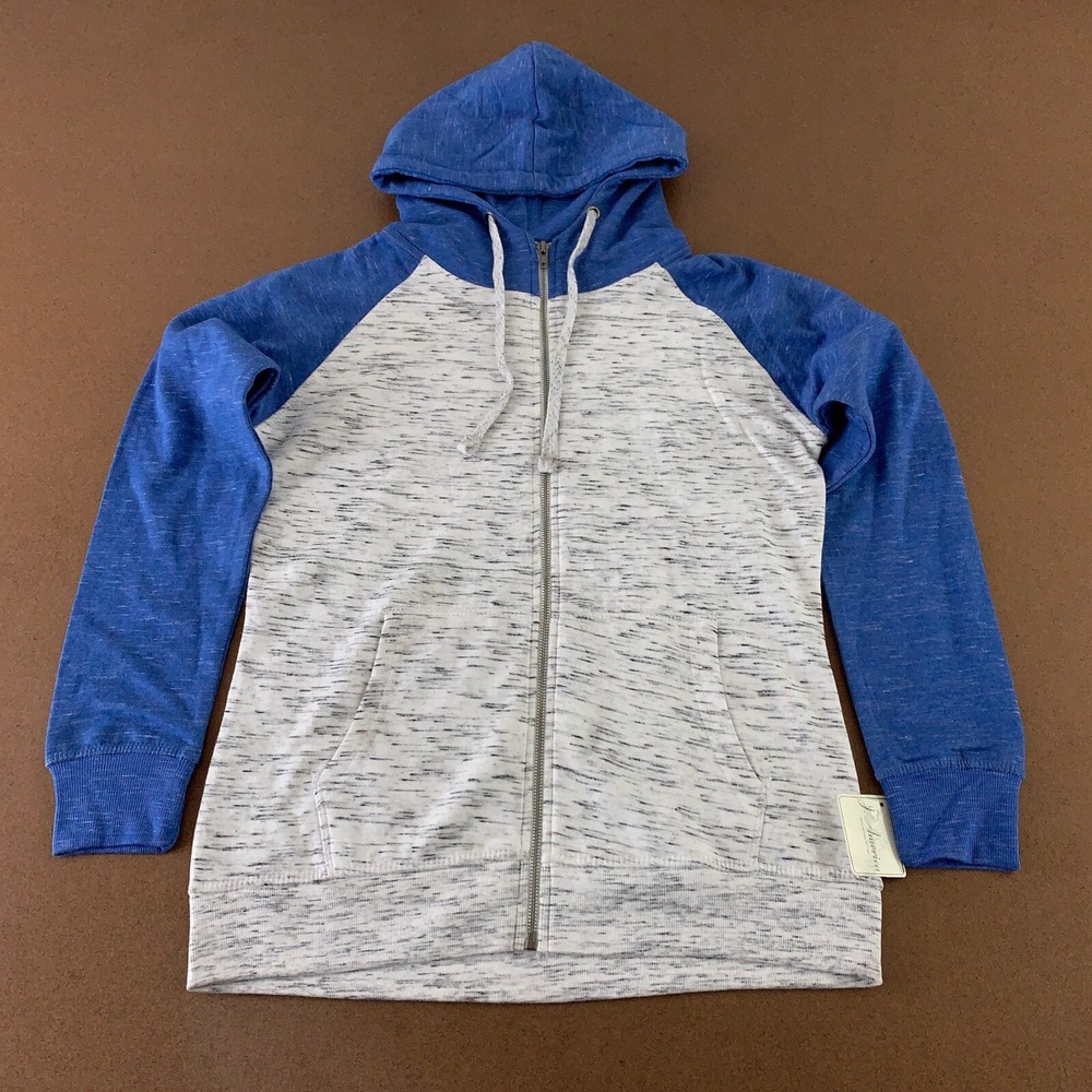 J America Women's Small Gray Blue Fleece Pocketed Hooded Full Zip Jacket NWT